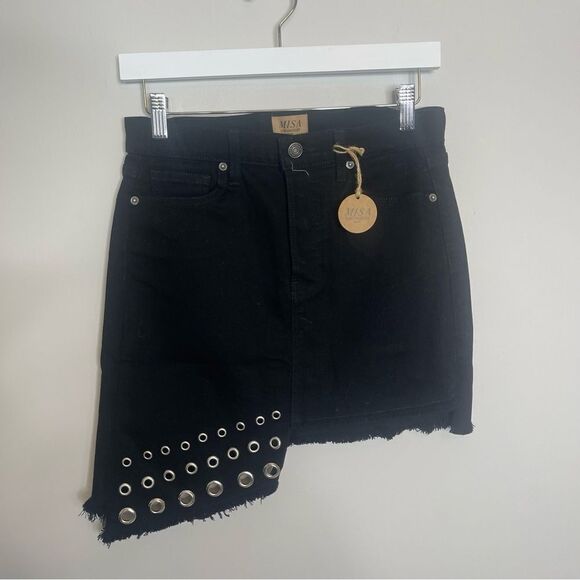 Misa Los Angeles The Super Star Asymmetrical Mini Grommet Jean Skirt NWT 26 - Picture 5 of 8